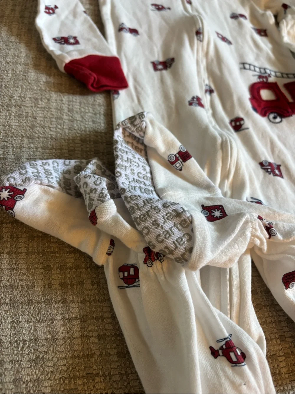 Carter's Cream Pajama Sleeper with Red Firetruck Accents